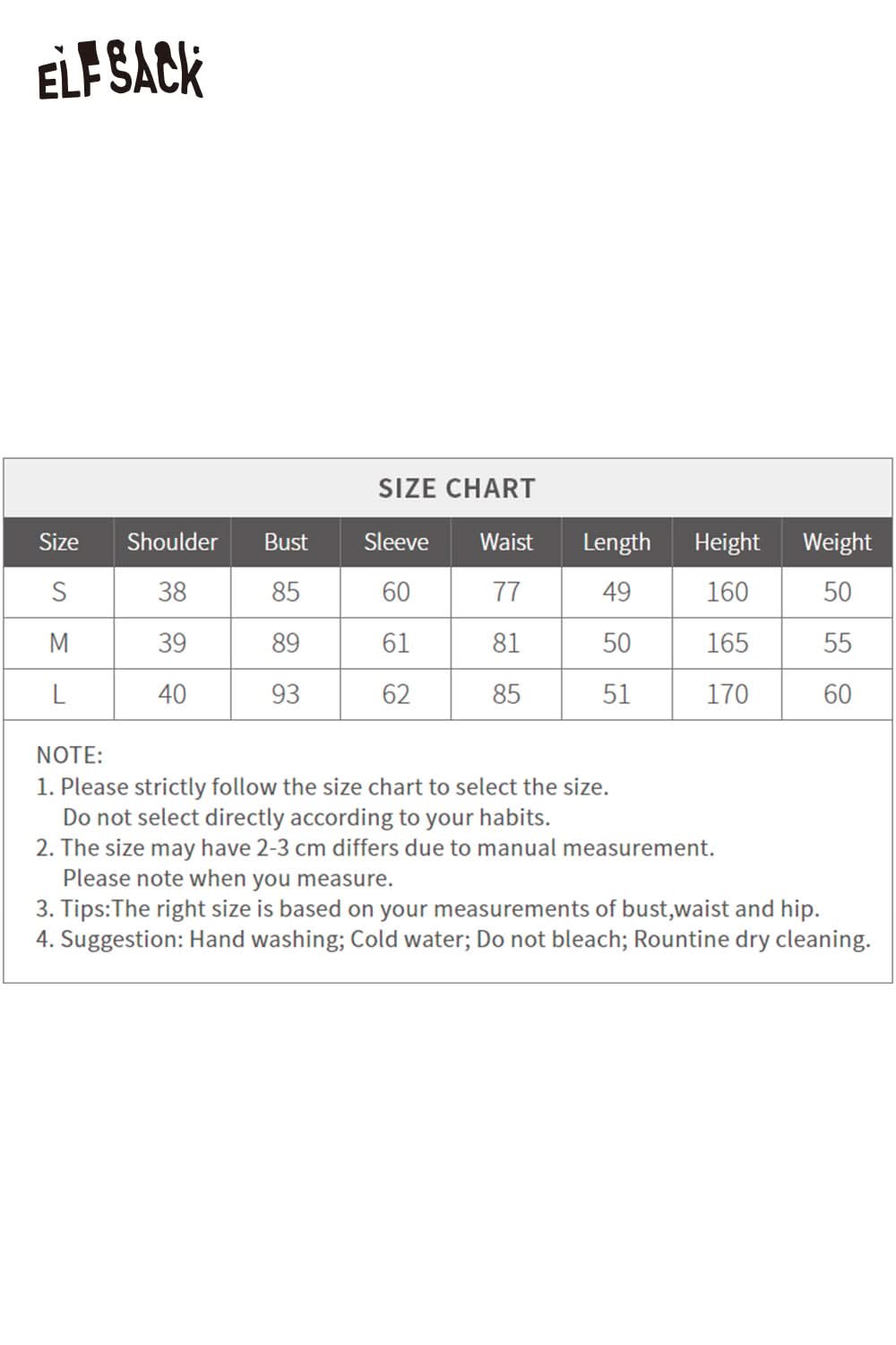 ELFSACK women's cotton printed long sleeve shirt size chart with measurements for S, M, L sizes