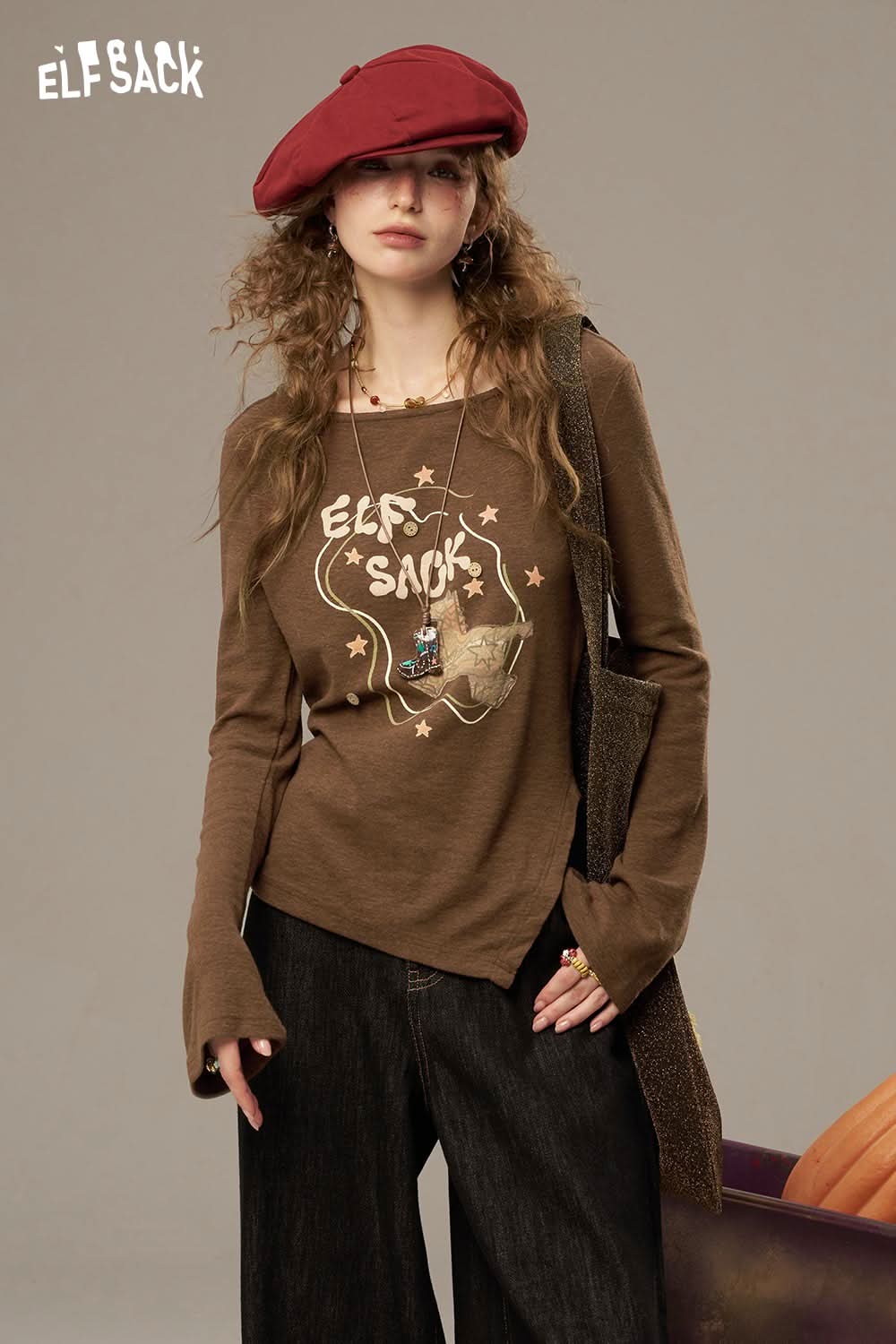 ELFSACK women's cotton printed long sleeve shirt in brown with star design and relaxed fit