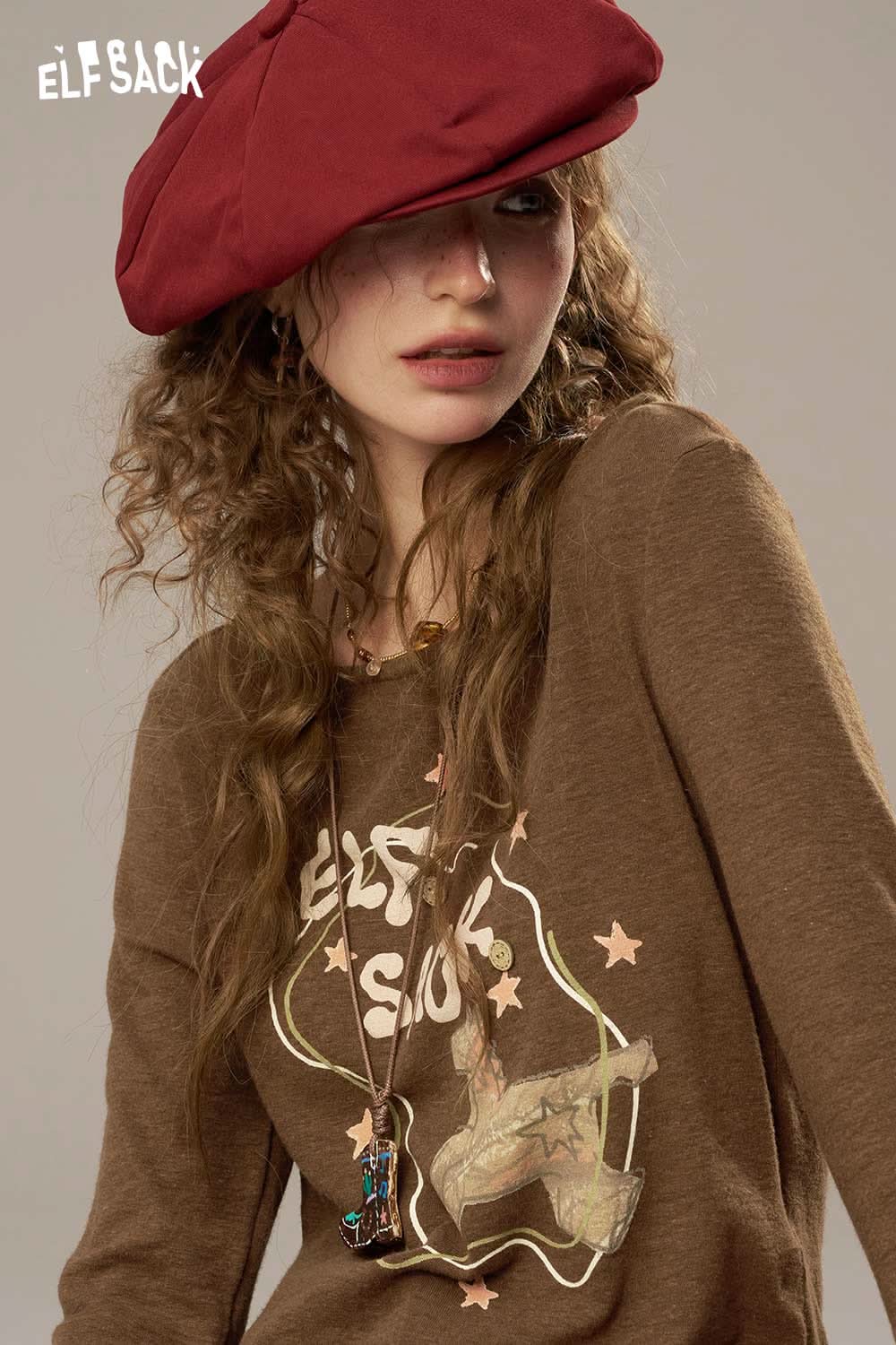 ELFSACK women's cotton printed long sleeve shirt in brown with a stylish graphic design