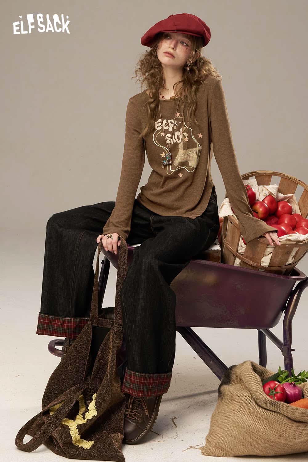 ELFSACK women's cotton printed long sleeve shirt in brown with artistic graphics and relaxed fit