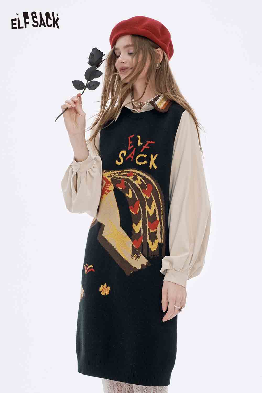 ELFSACK women's fake two piece dress with a colorful graphic design and layered blouses for a stylish look