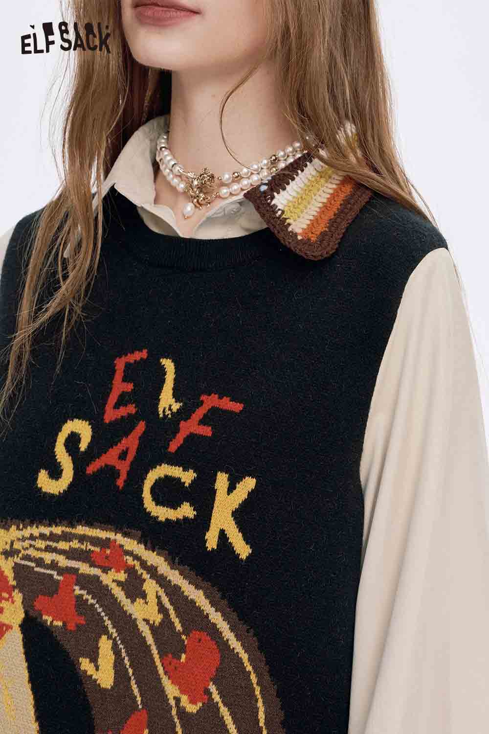 ELFSACK women's fake two piece dress featuring a knitted top with a graphic design and a collared shirt underneath