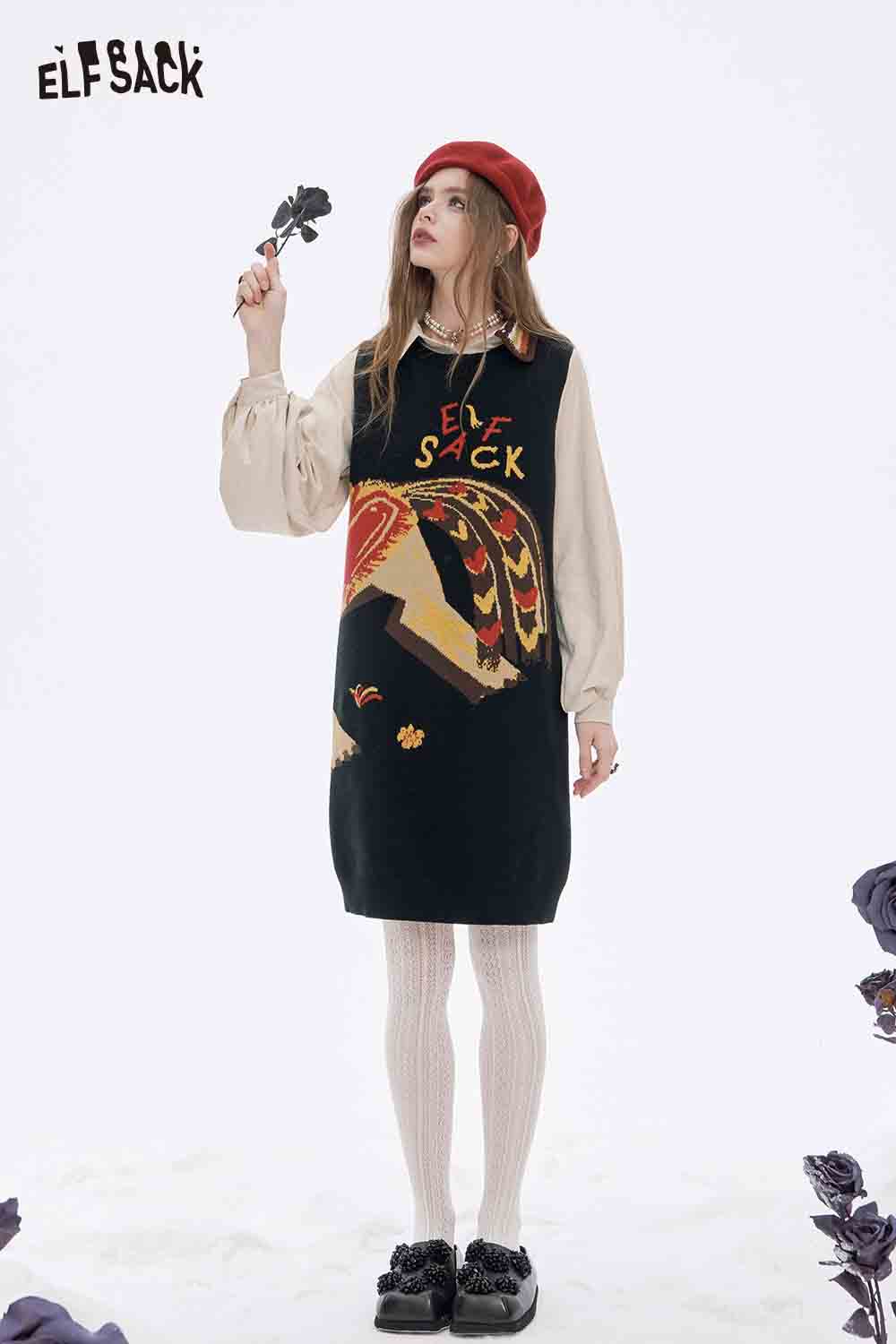 ELFSACK women's fake two piece dress with artistic design and long sleeves for stylish casual wear