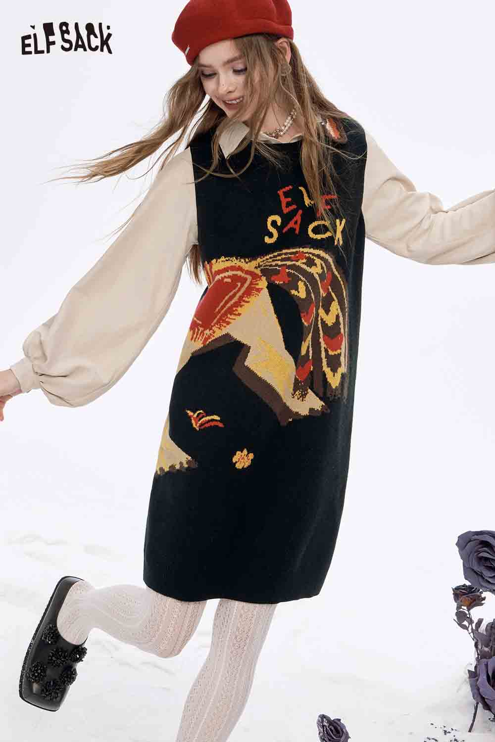 ELFSACK women's fake two piece dress featuring a colorful graphic design and long sleeves