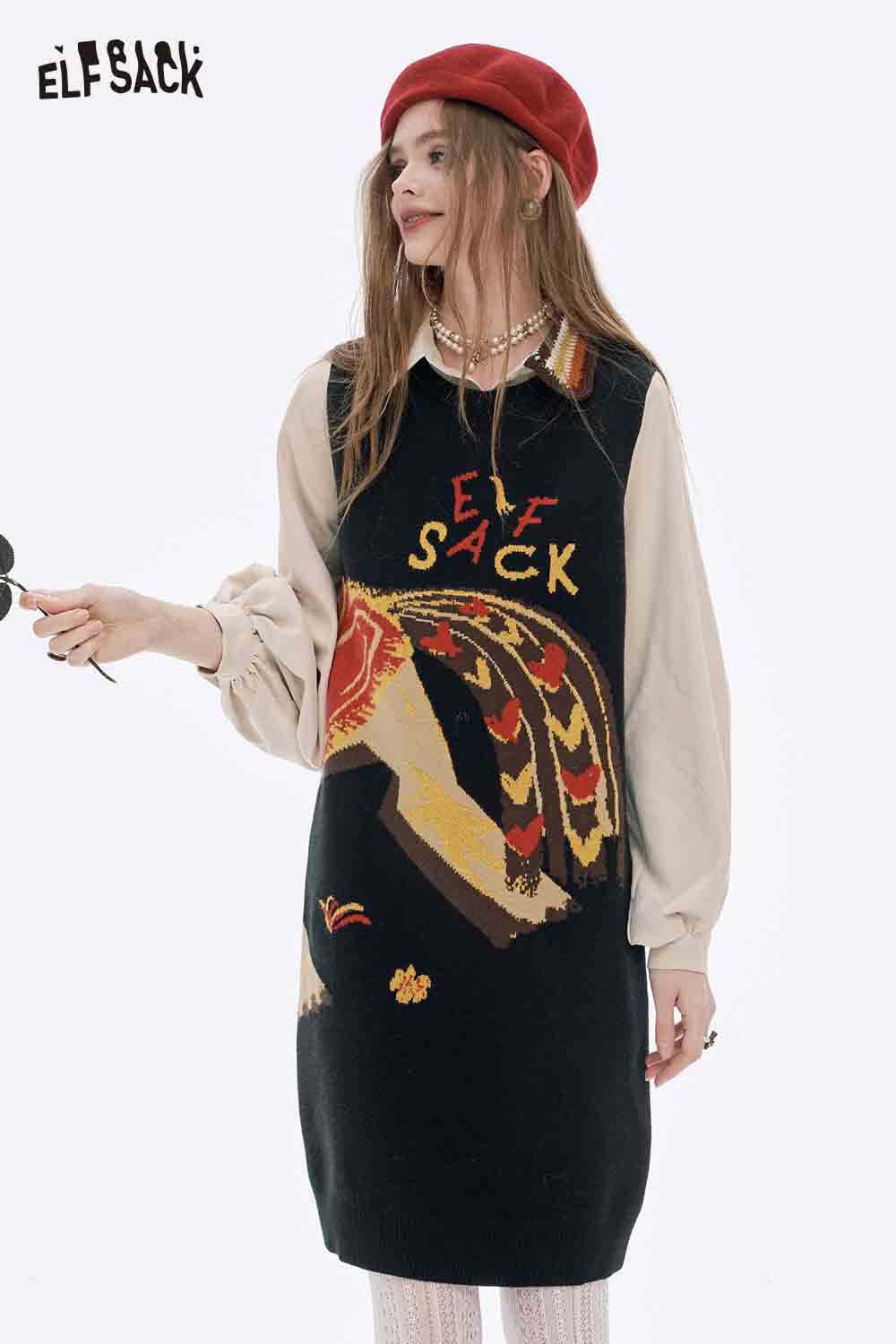 ELFSACK women's fake two piece dress featuring a bold print and stylish layered look