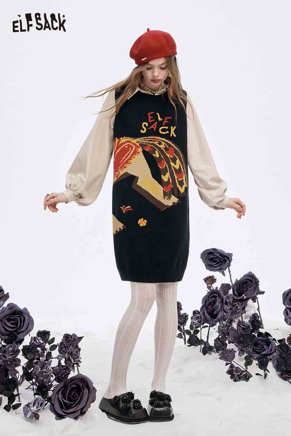 ELFSACK women's fake two piece dress with a colorful design, perfect for stylish fall looks