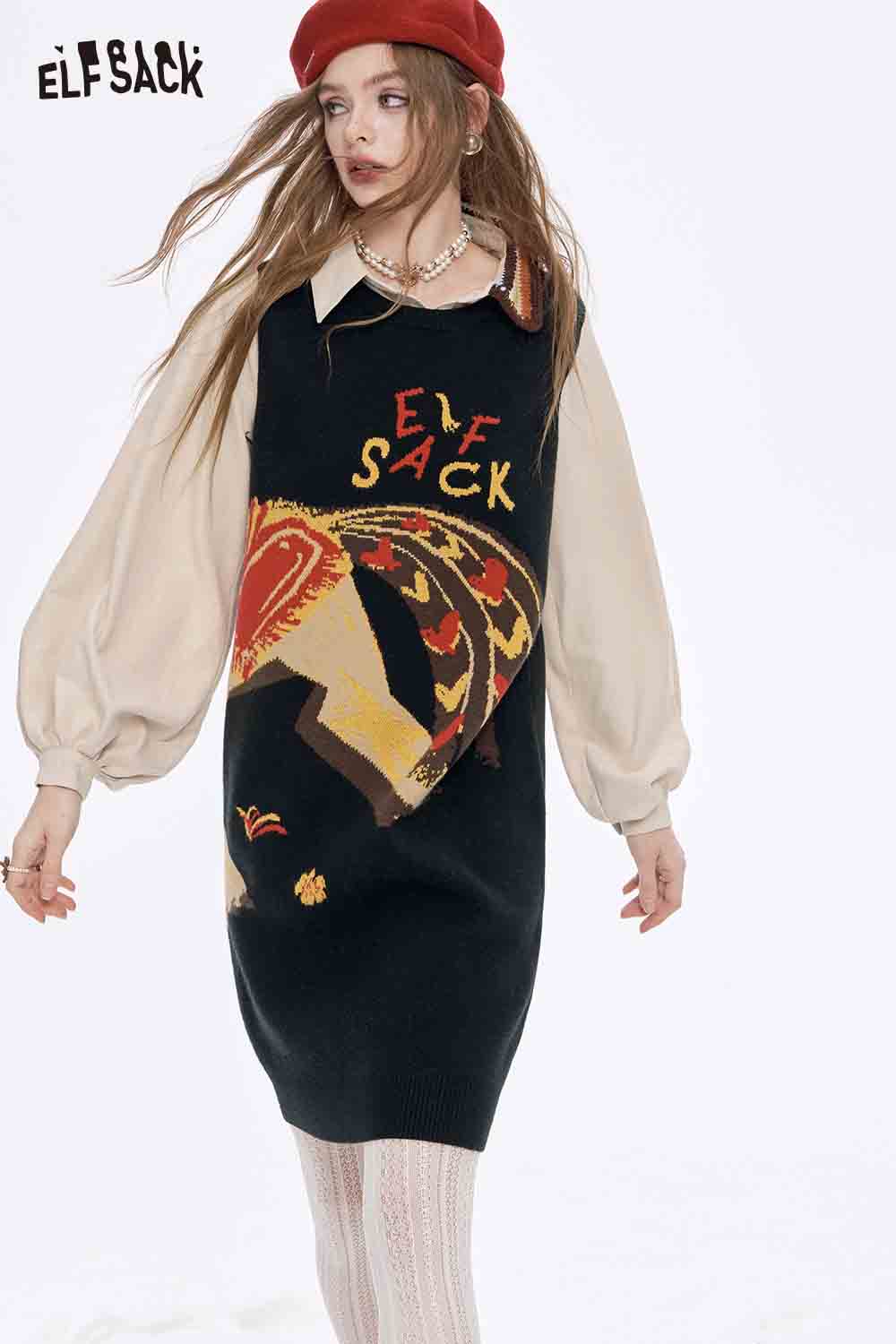 ELFSACK women's fake two piece dress featuring a colorful design with a stylish oversized silhouette