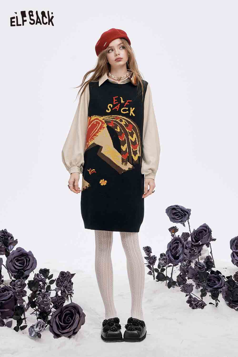 ELFSACK women's fake two piece dress featuring a stylish layered look with colorful designs