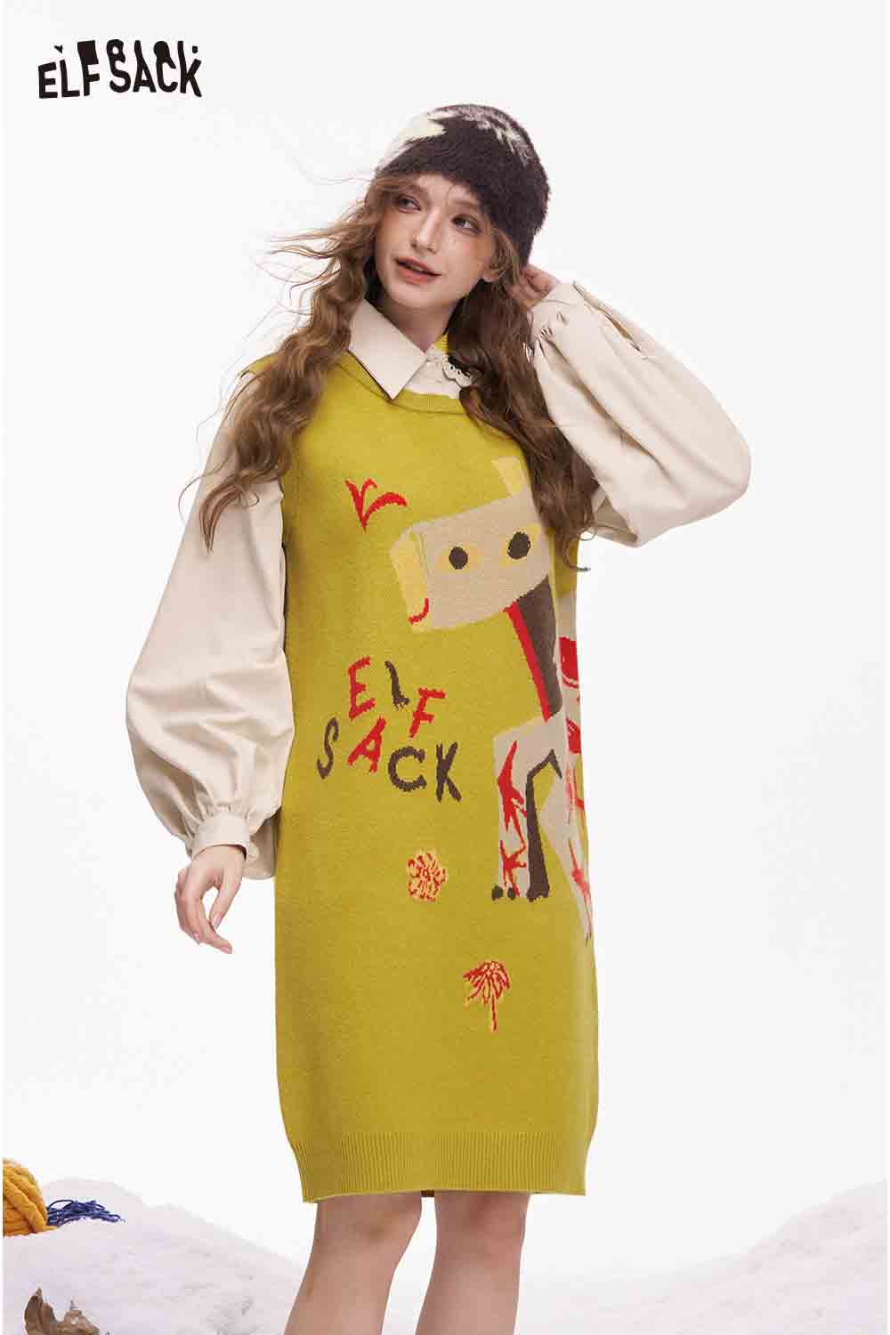 ELFSACK women's fake two piece dress in vibrant green with playful graphic design and layered look