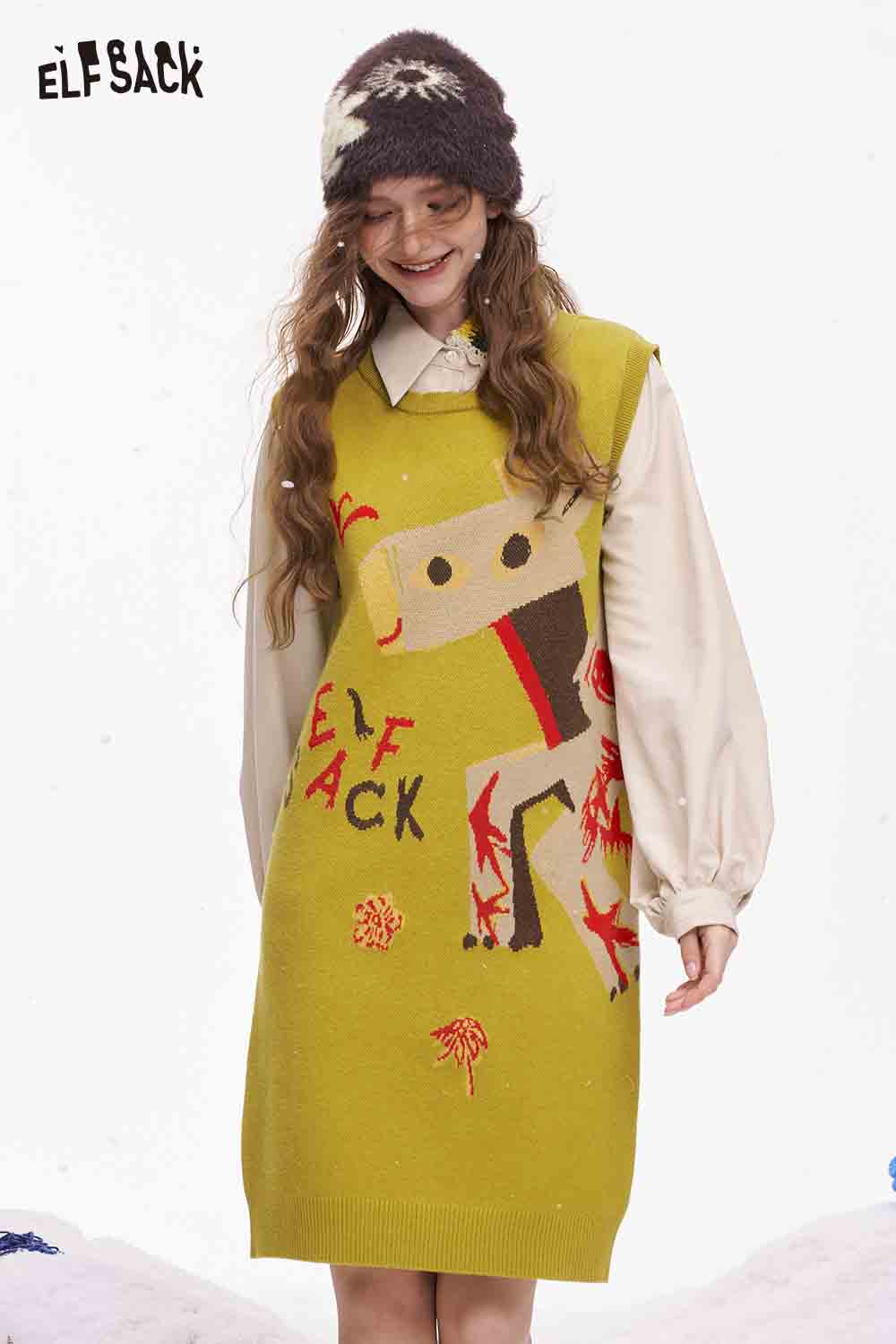 ELFSACK women's fake two piece dress in vibrant yellow with playful graphic design