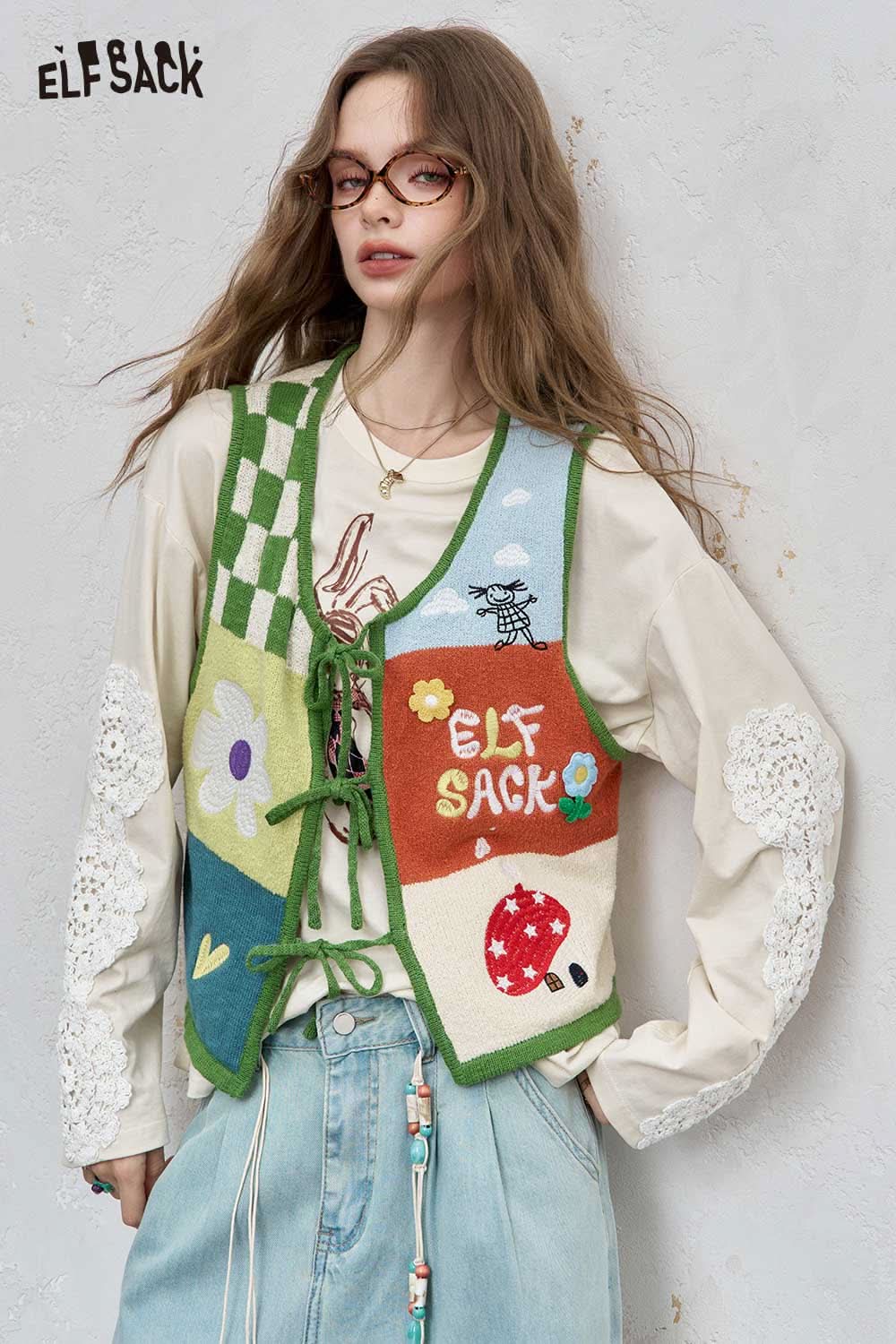 ELFSACK women's graphic applique vest featuring colorful patterns and unique design elements