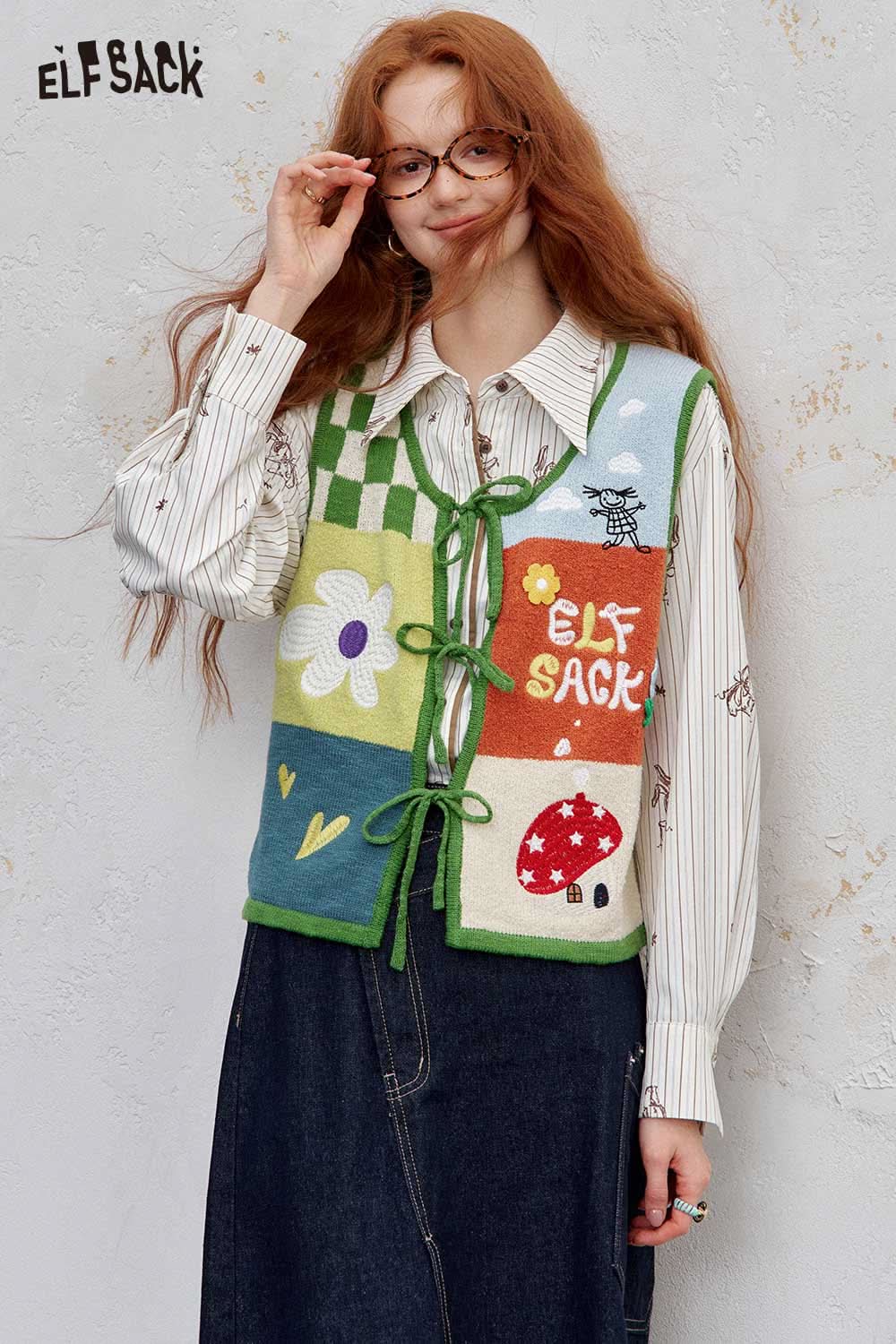 ELFSACK women's graphic applique vest featuring colorful patchwork and playful designs for a unique style