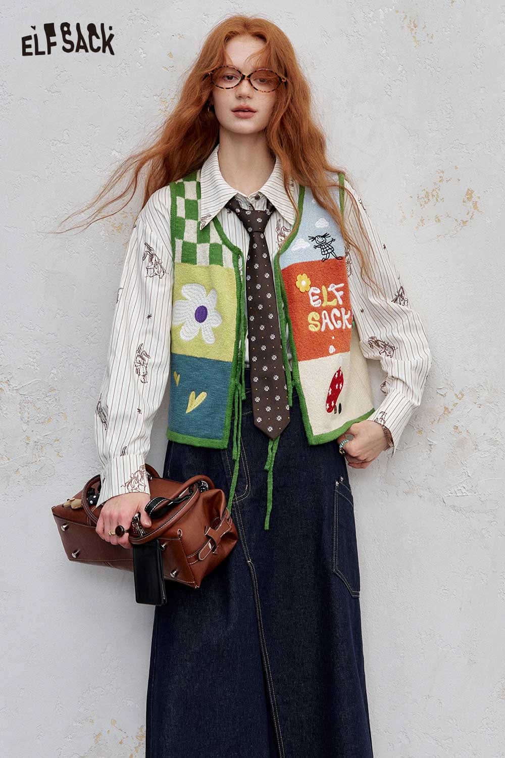Fashionable women's graphic applique vest by ELFSACK with colorful patchwork and unique designs