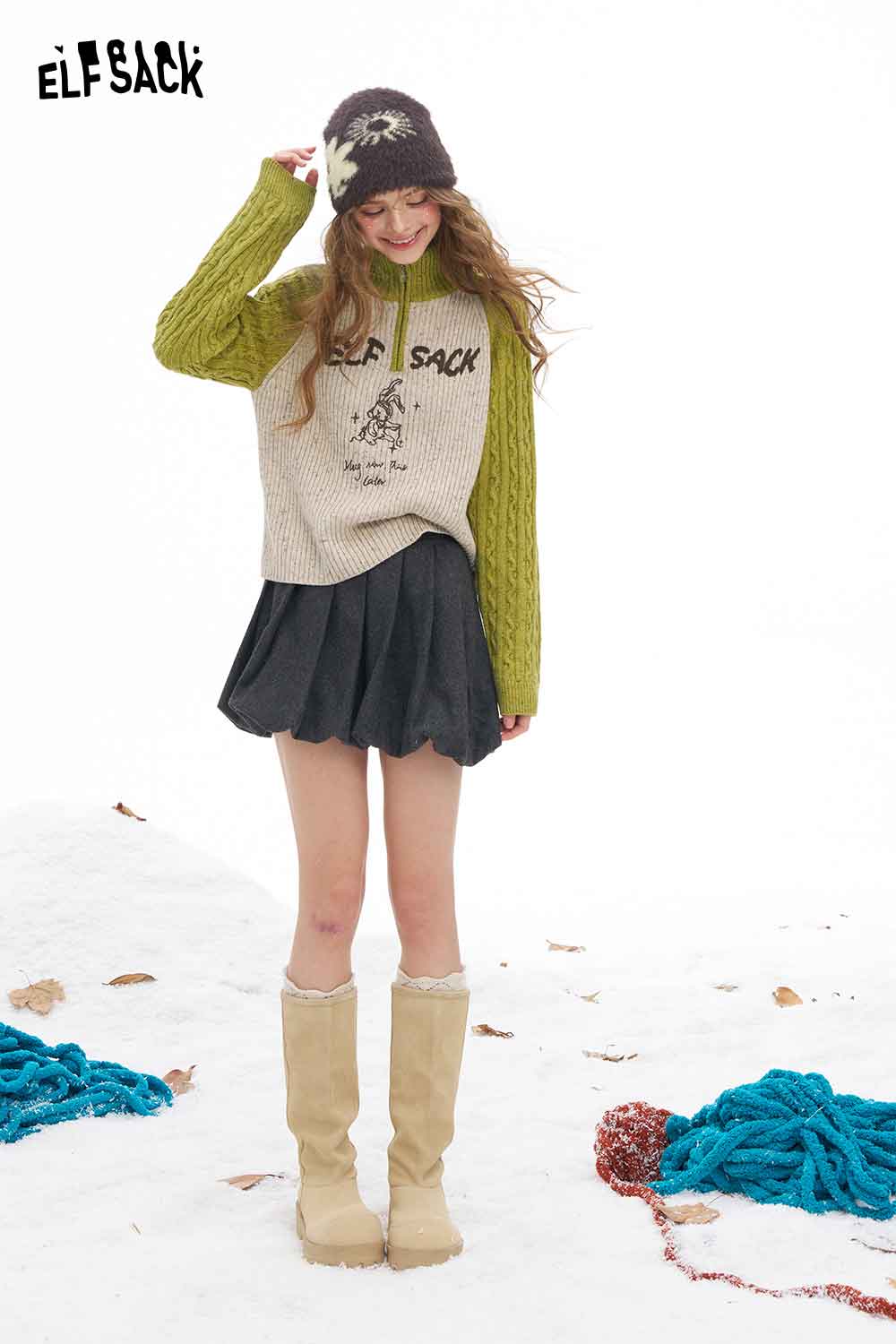 ELFSACK women's graphic color block knitwear featuring a stylish design and cozy fit perfect for winter fashion.