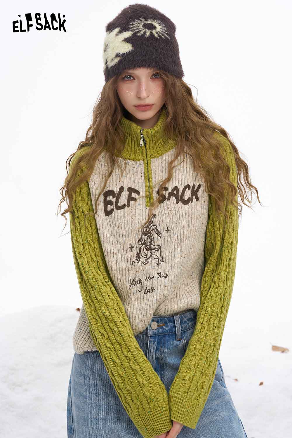 ELFSACK women's graphic color block knitwear with unique design and zip-up collar