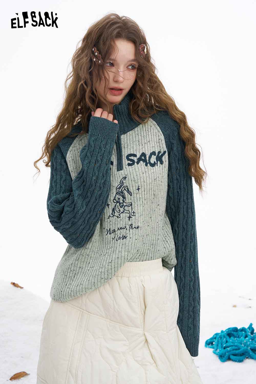 ELFSACK women's graphic color block knitwear combining teal and gray with a playful design