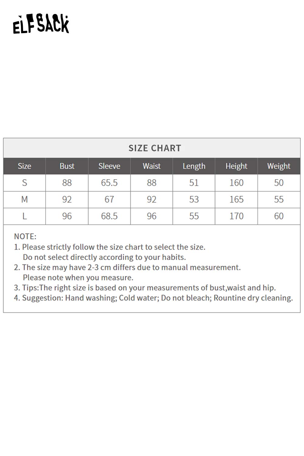 Size chart for ELFSACK women's graphic color block knitwear detailing bust, sleeve, waist, and length measurements