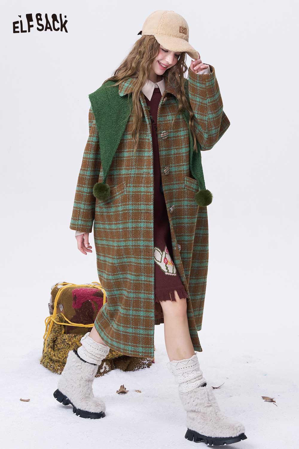ELFSACK women's stripe lapel long coat in brown and green perfect for stylish winter outfits