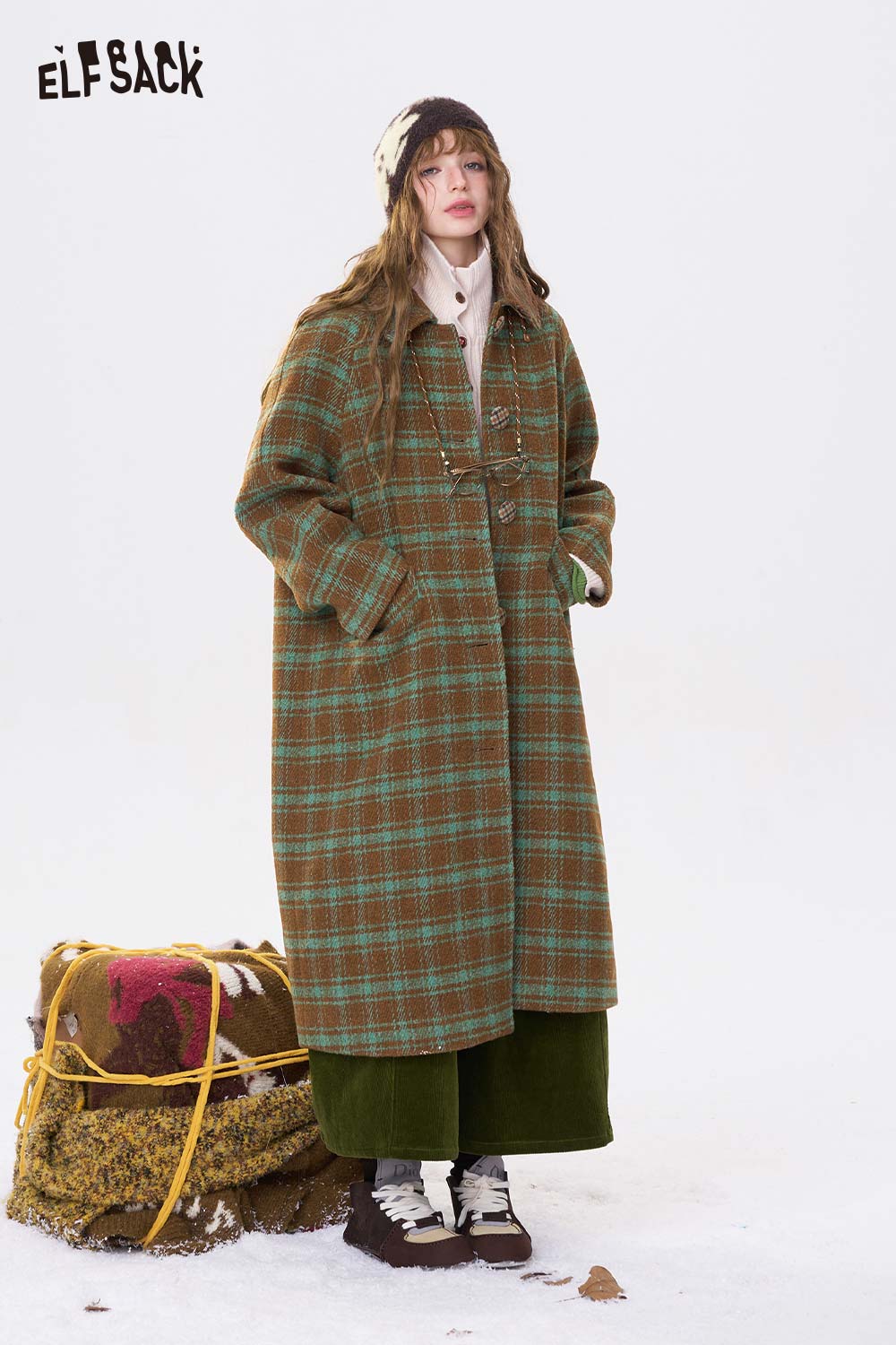 ELFSACK women's stripe lapel long coat in plaid pattern, perfect for cozy winter styling
