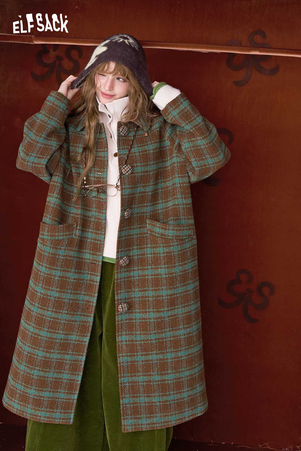 ELFSACK women's stripe lapel long coat in plaid design with a stylish hood for casual wear