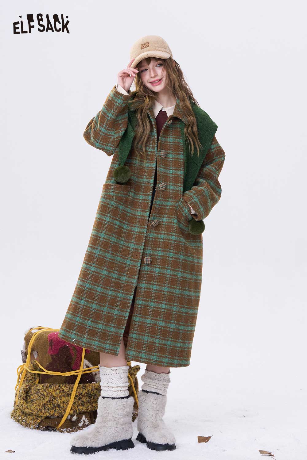 ELFSACK women's stripe lapel long coat in plaid pattern with button closure and pockets