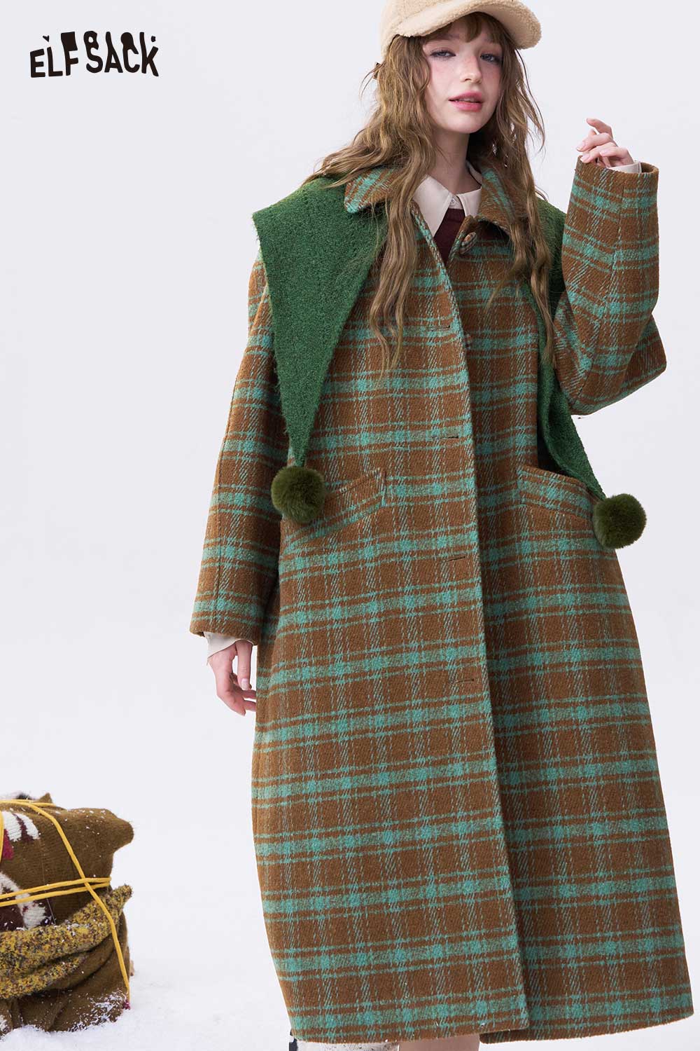 ELFSACK women's stripe lapel long coat in plaid design with green accents and oversized fit