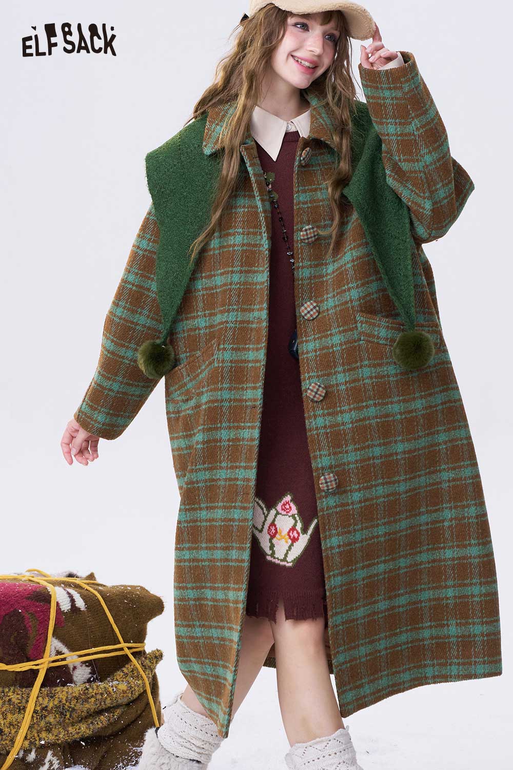 ELFSACK women's stripe lapel long coat in brown and green plaid pattern for stylish winter wear