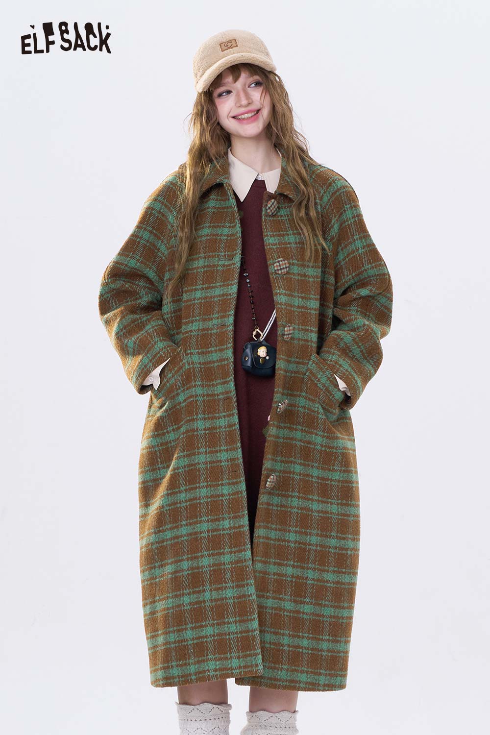 ELFSACK women's stripe lapel long coat in plaid design with relaxed fit for stylish layering