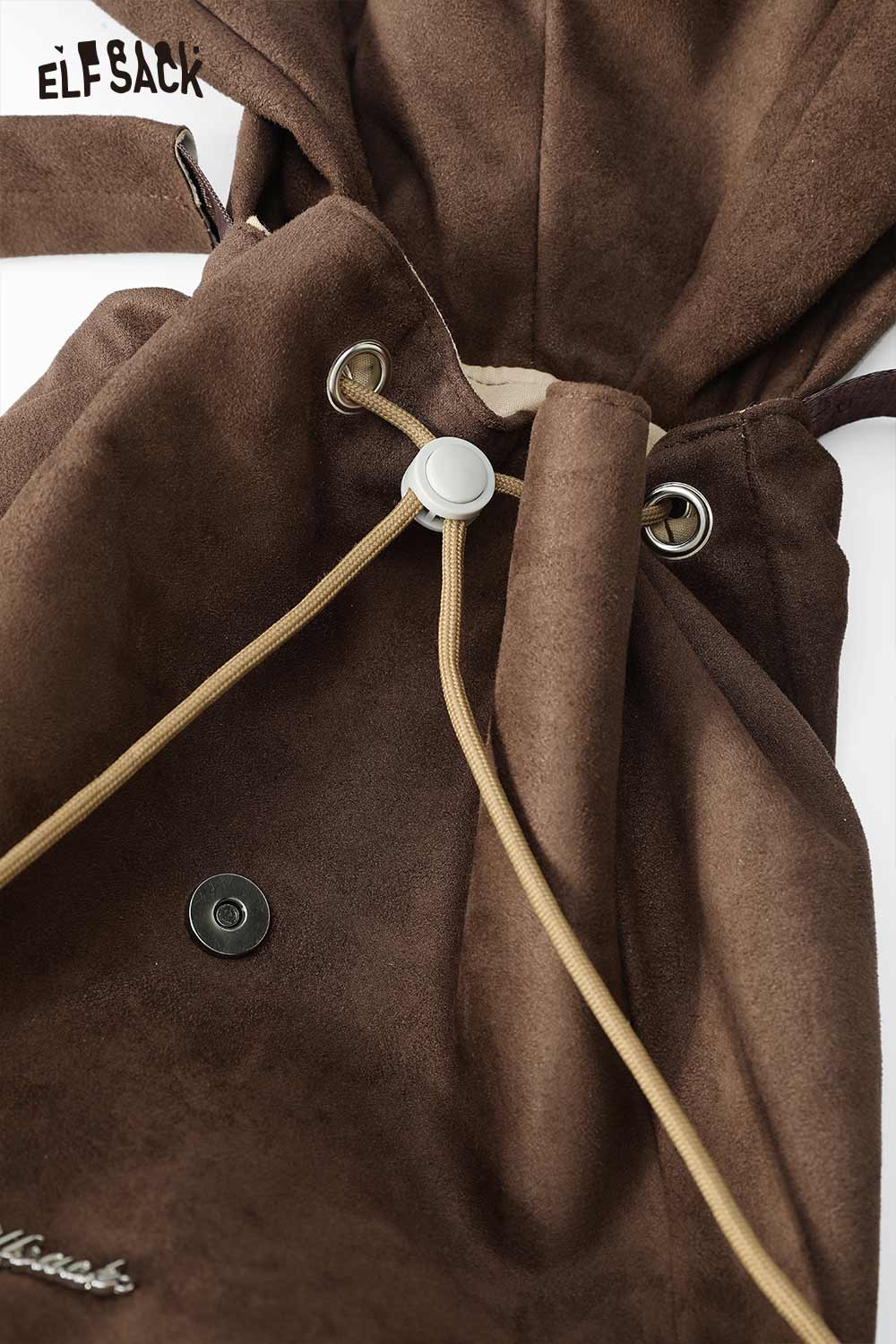 Brown ELFSACK bunny ear backpack for women with drawstring closure and stylish design