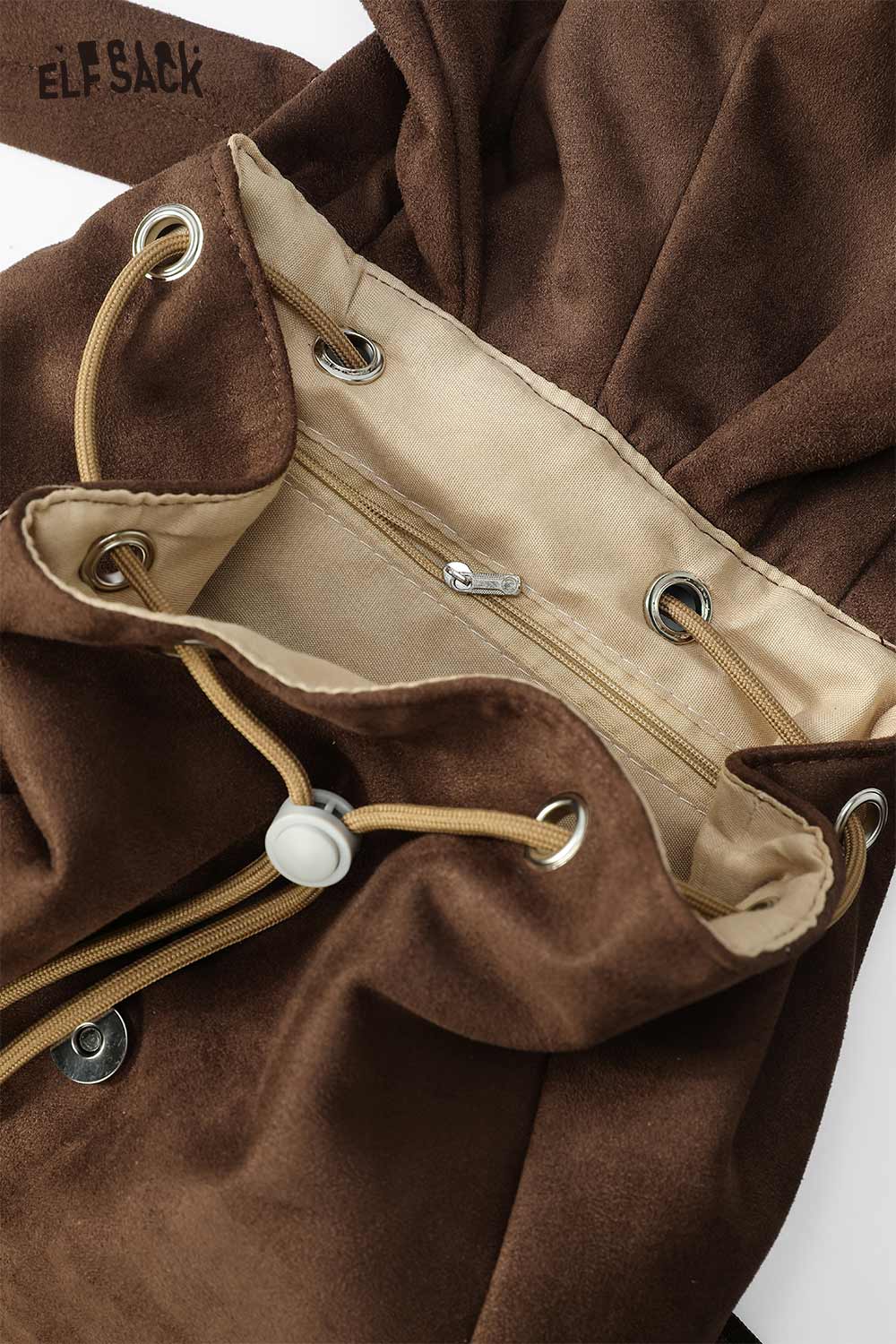 Inside view of ELFSACK bunny ear backpack for women with spacious compartment and drawstring closure