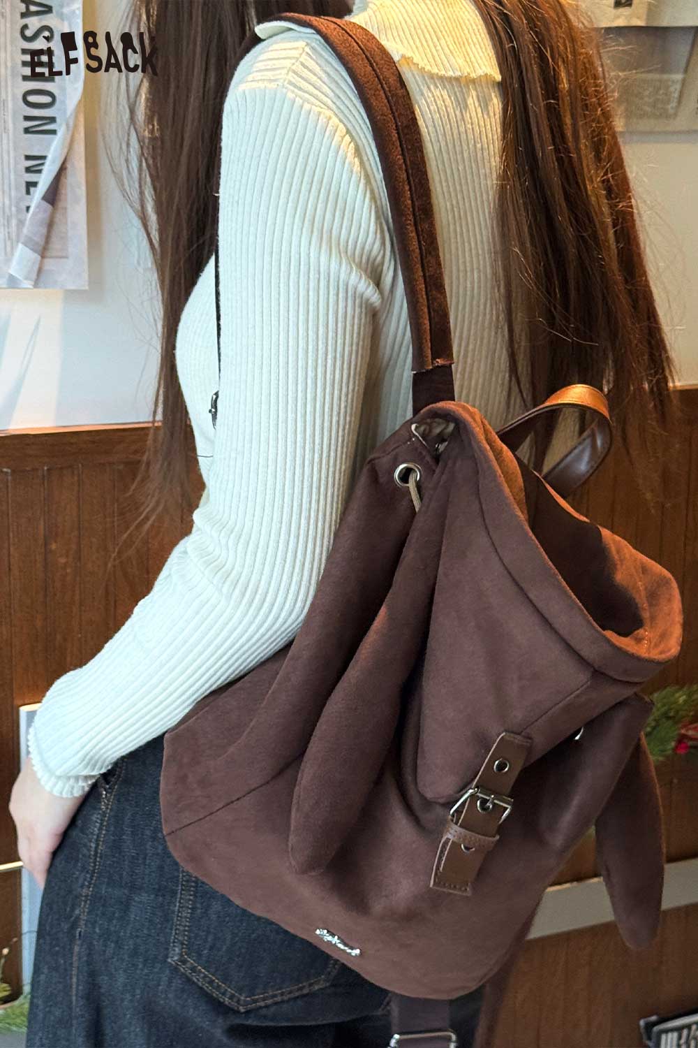 ELFSACK stylish bunny ear backpack for women in brown suede with adjustable straps