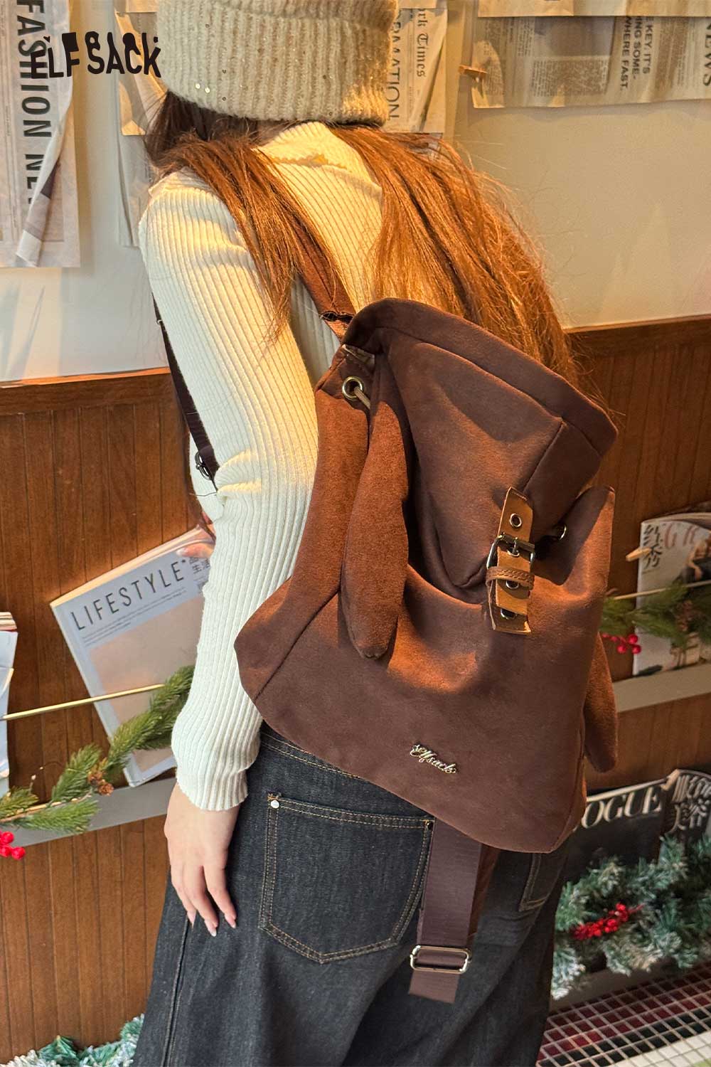 ELFSACK bunny ear backpack for women in brown with adjustable straps for a stylish look