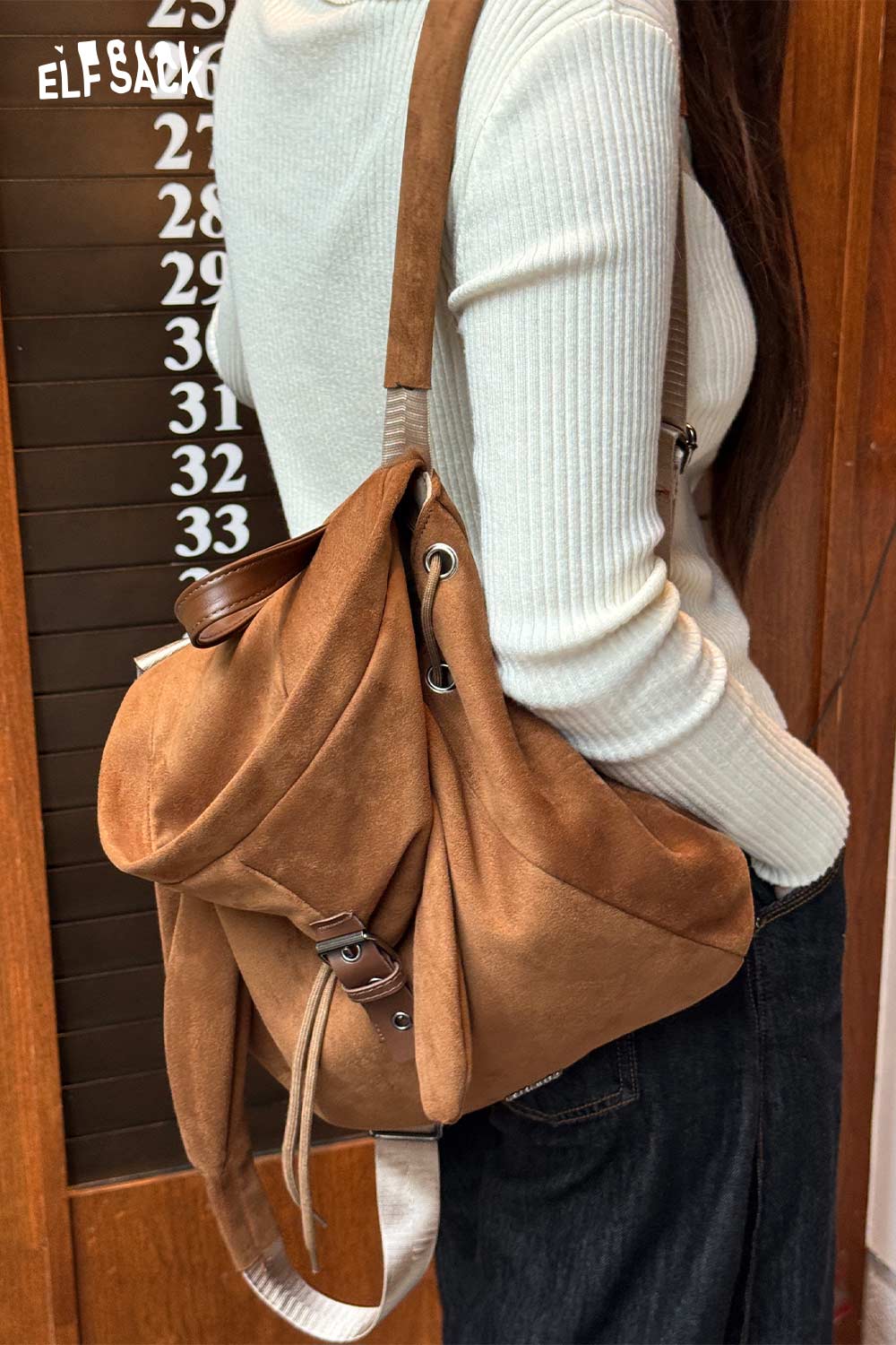 ELFSACK bunny ear backpack for women in brown suede with stylish adjustable straps
