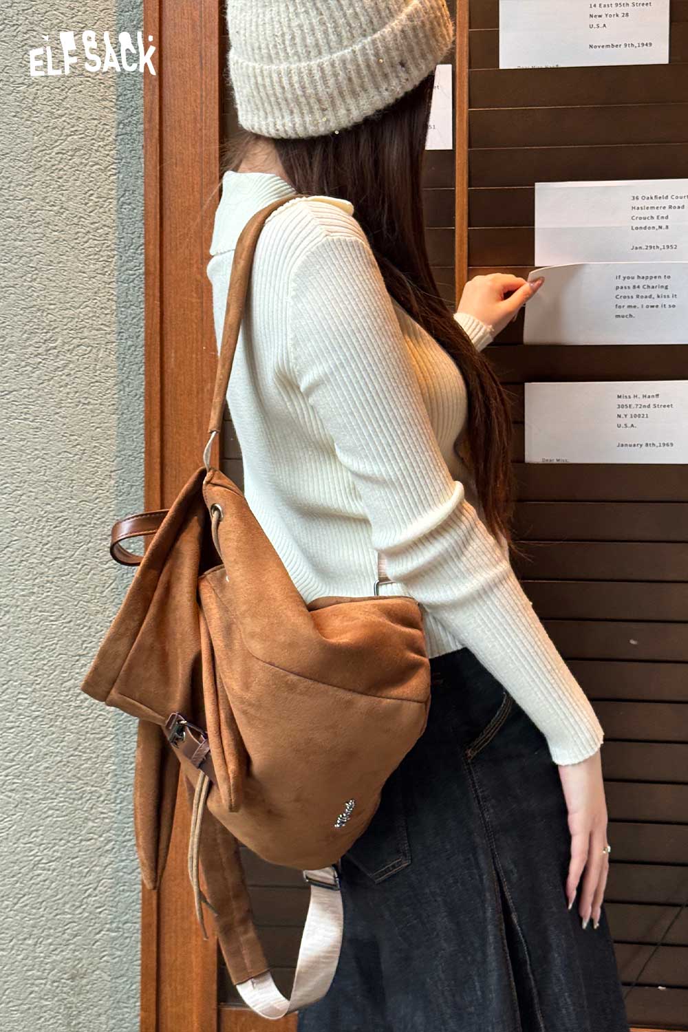 ELFSACK bunny ear backpack for women in brown with adjustable straps and stylish design