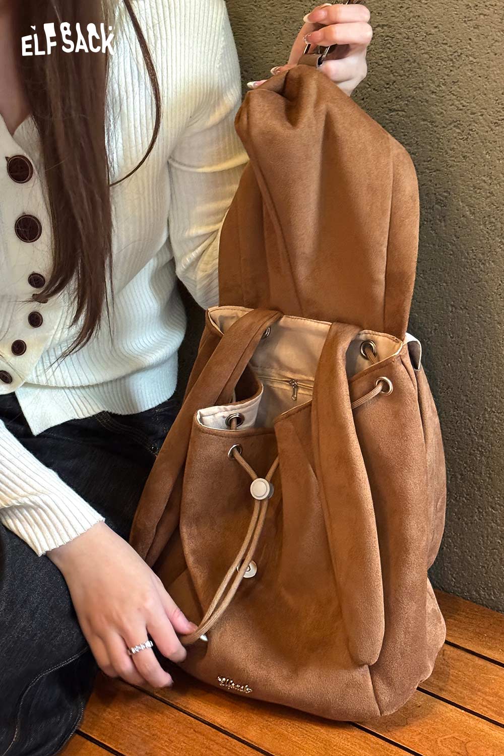 ELFSACK bunny ear backpack for women in brown with drawstring closure and spacious interior