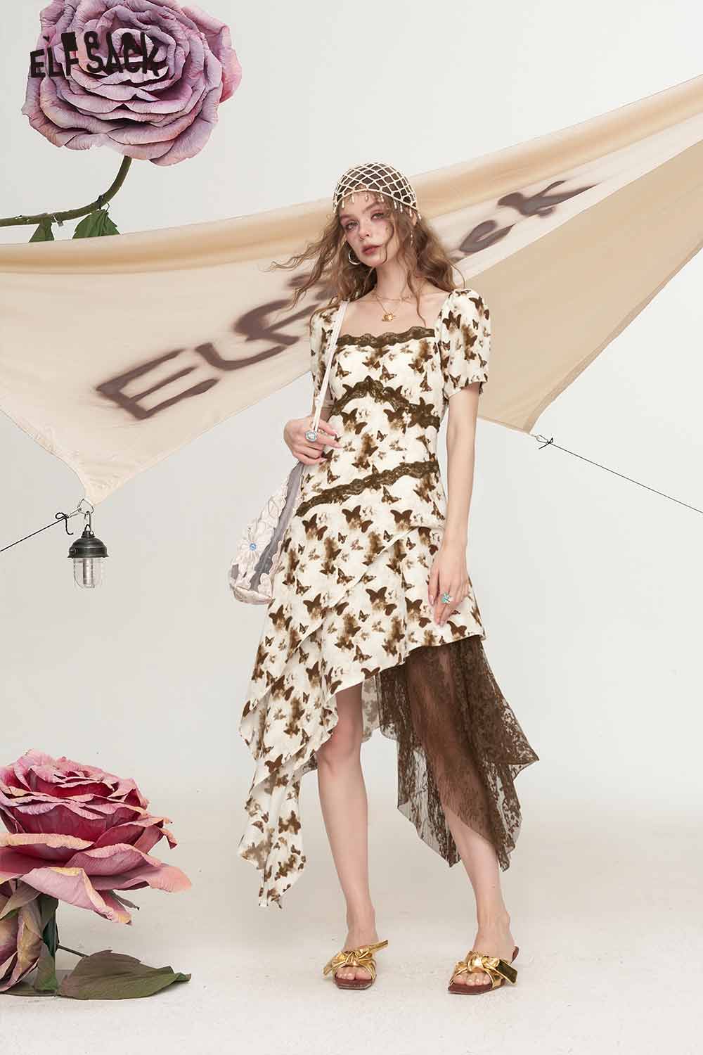 ELFSACK asymmetrical floral French lace dress for women in cream and brown with lace underlayer