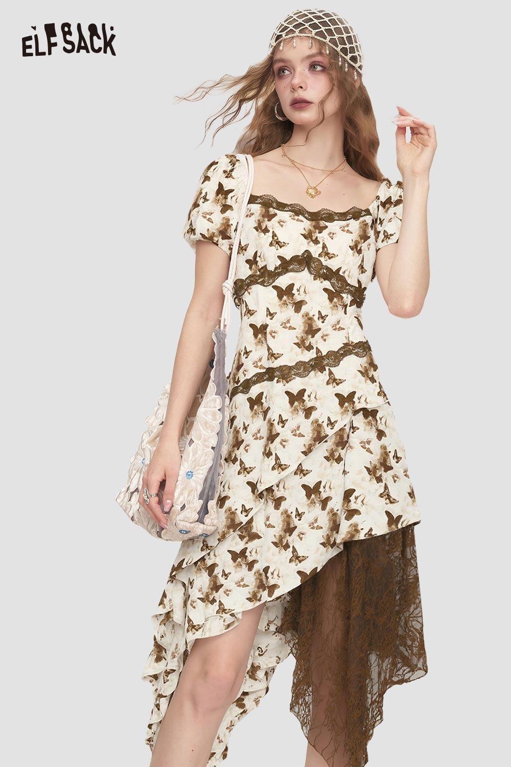 ELFSACK asymmetrical butterfly print French lace dress for women with puff sleeves and brown lace panel