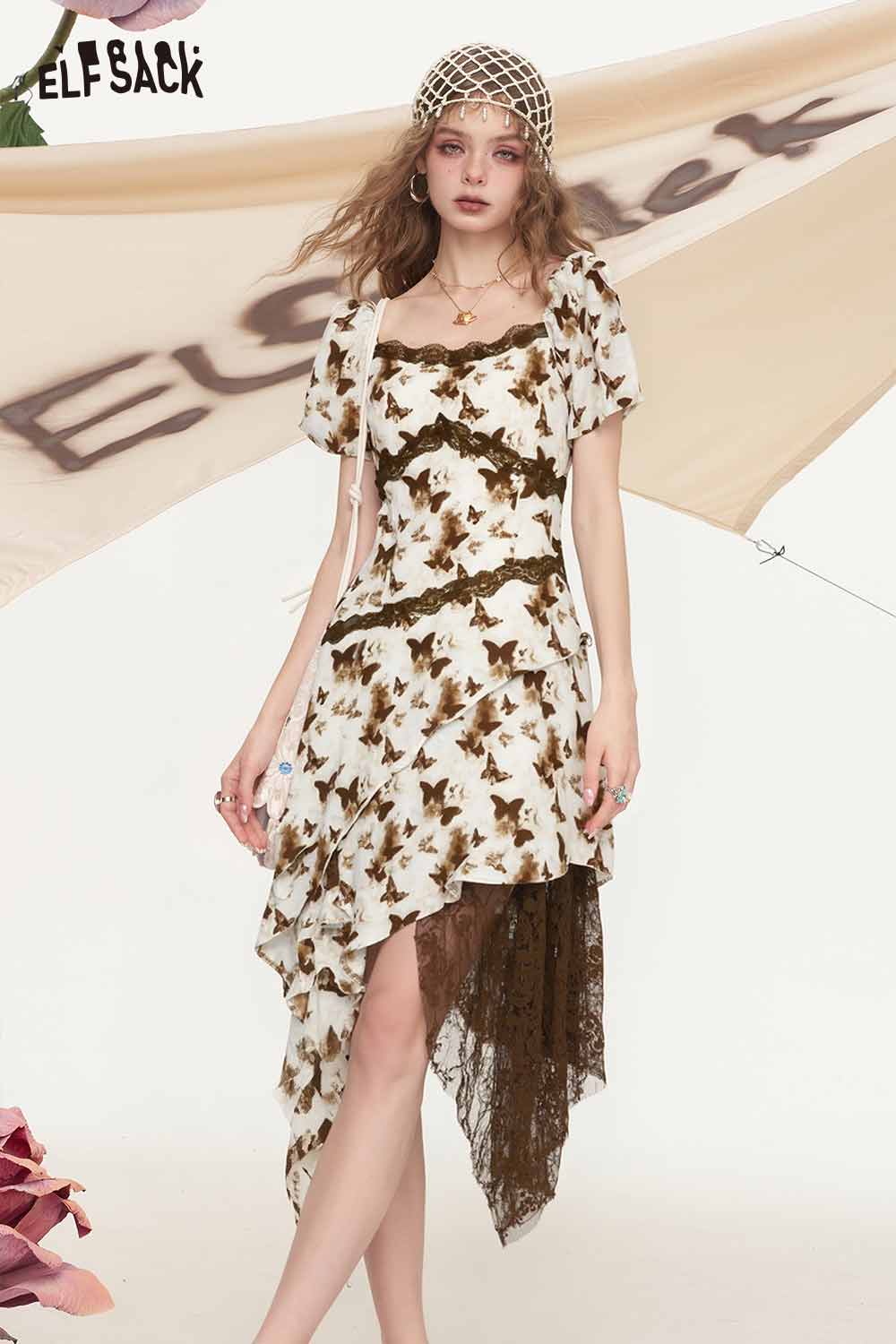 ELFSACK asymmetrical floral and brown lace layered French lace dress for women with puff sleeves