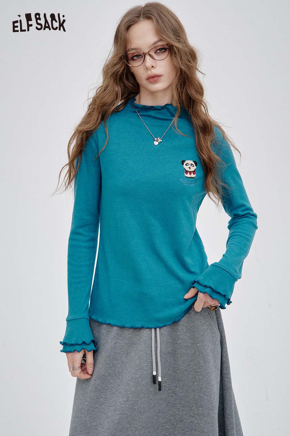 ELFSACK animal embroidered long sleeve tshirt in teal with panda design and ruffled cuffs