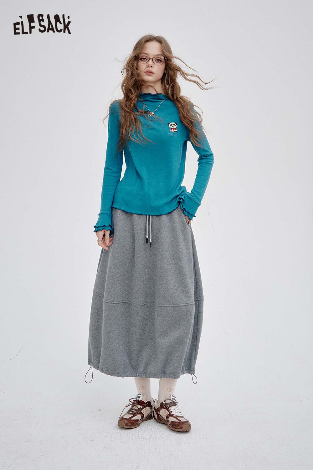 ELFSACK animal embroidered long sleeve tshirt in blue with ruffled sleeves for a stylish look