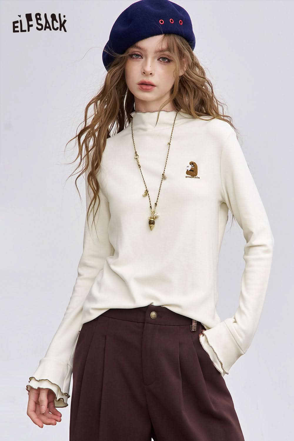 ELFSACK animal embroidered long sleeve tshirt in cream with a cute animal design on the chest