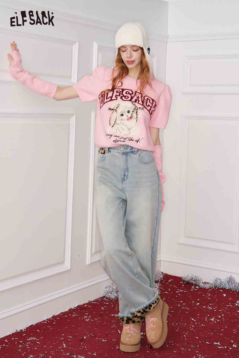 ELFSACK pink animal graphic embroidered sweater with playful design for casual styling