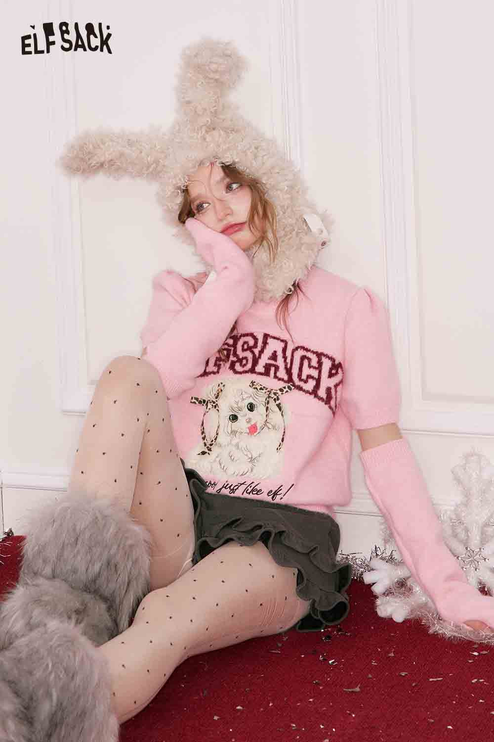 ELFSACK animal graphic embroidered sweater in pink featuring a playful animal design and cozy style
