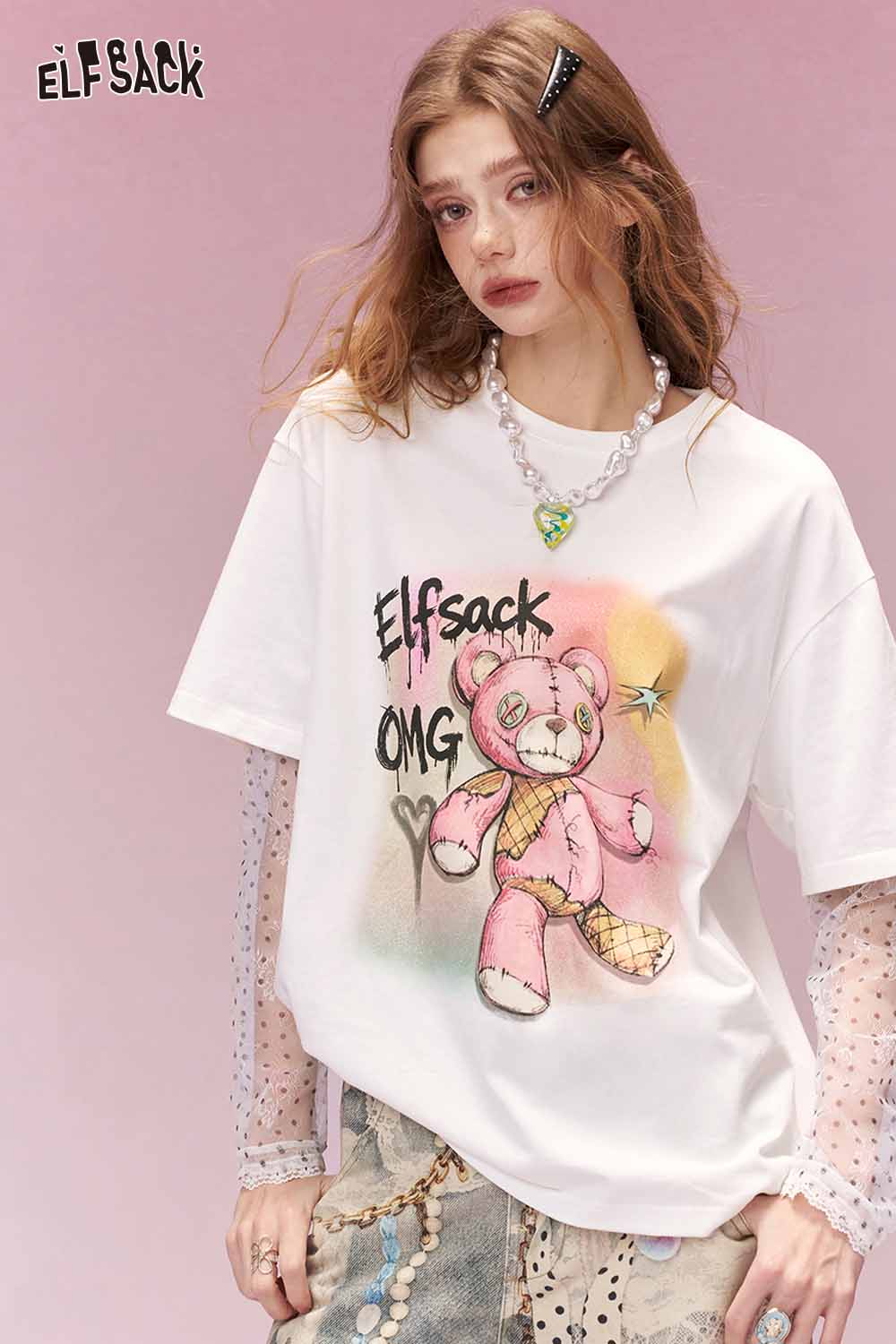 ELFSACK bear print polka dot lace t-shirt featuring a cute cartoon bear design on a white fabric