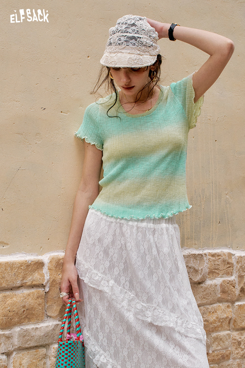 ELFSACK Fungus Edge Round Neck Short Sleeve Casual Knitted Sweater
