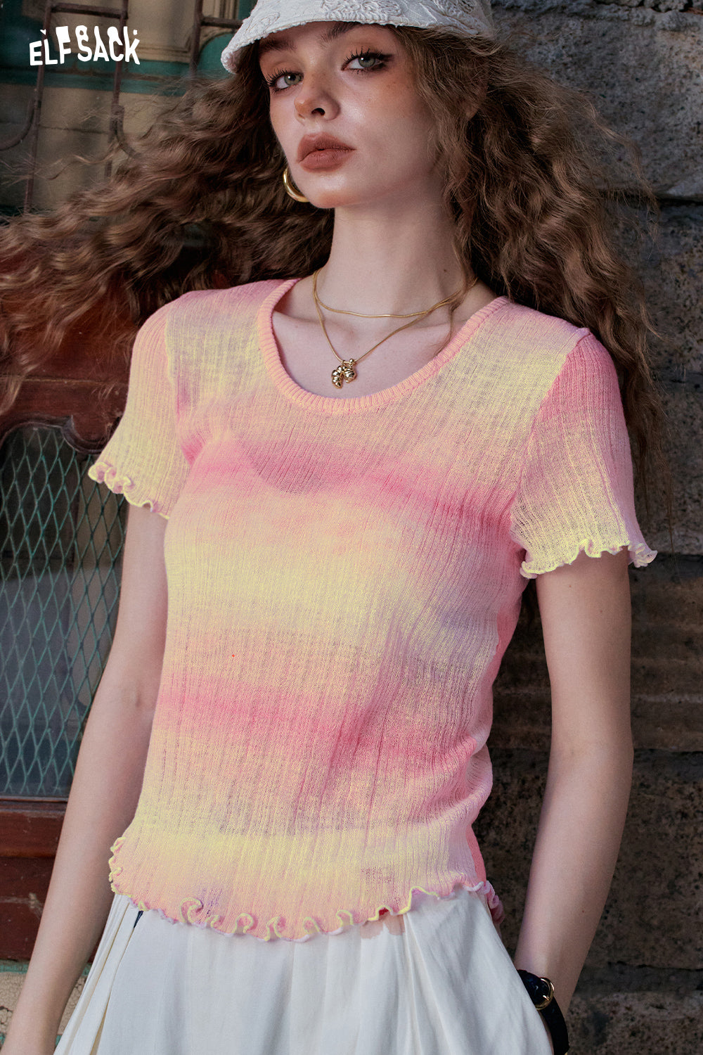 ELFSACK Fungus Edge Round Neck Short Sleeve Casual Knitted Sweater