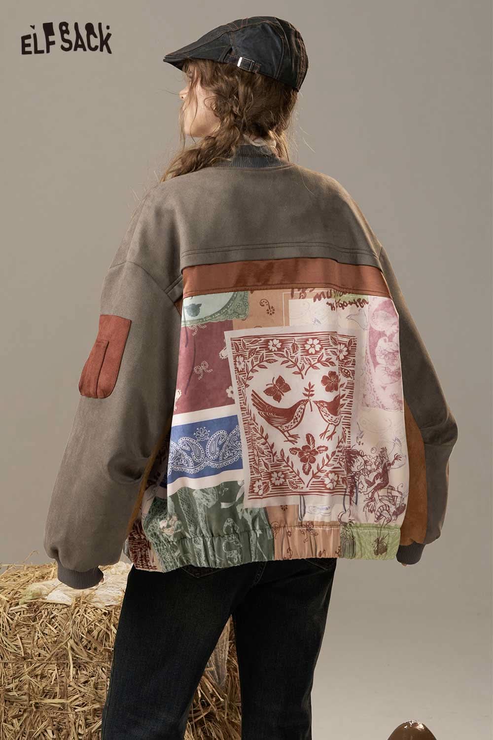 ELFSACK bohemian print puffer jacket with unique patchwork design and relaxed fit