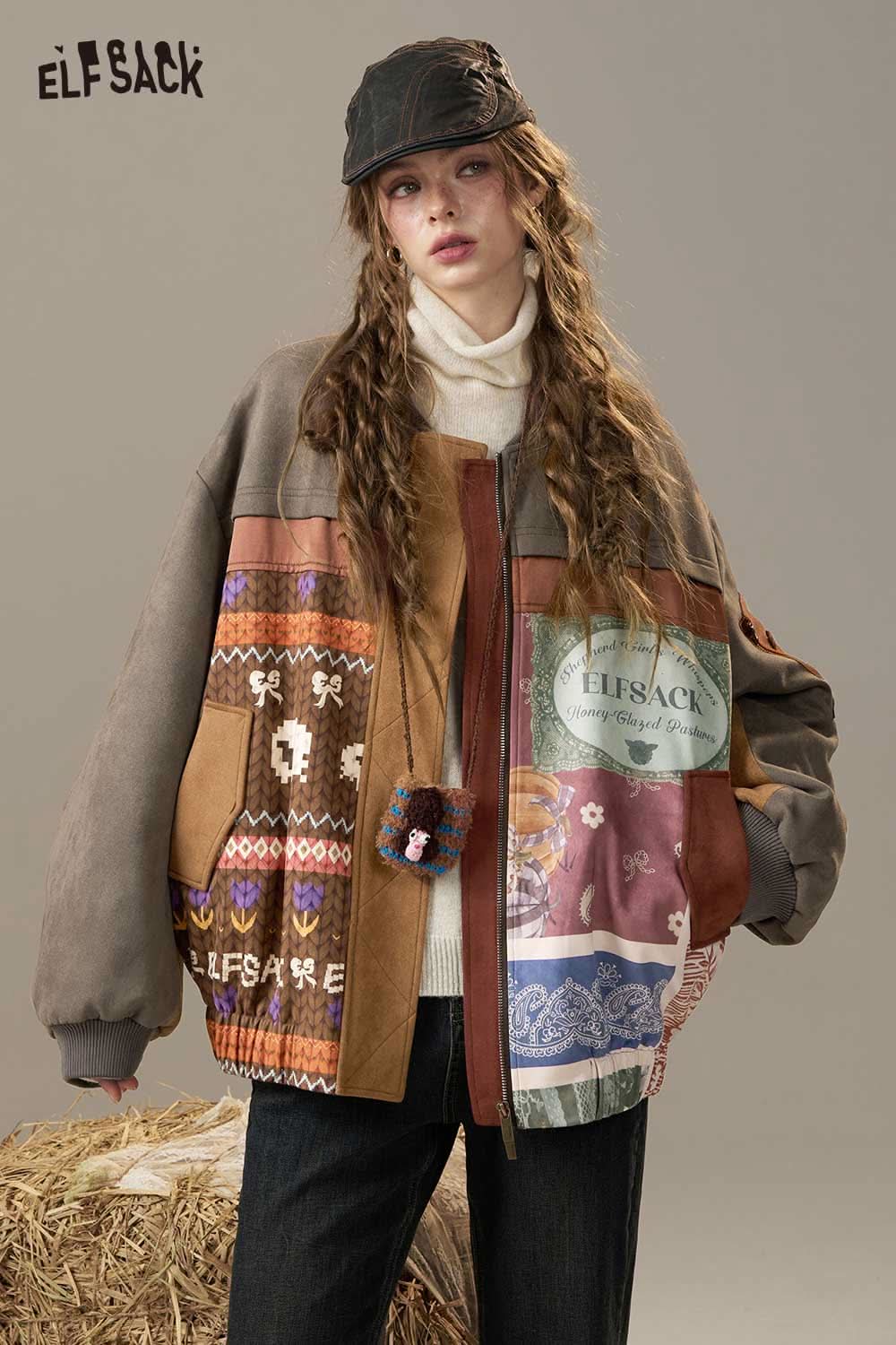 ELFSACK bohemian print puffer jacket featuring a unique patchwork design and cozy oversized fit