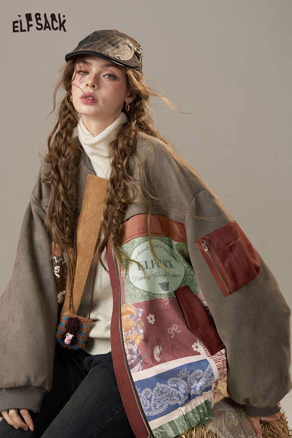 ELFSACK bohemian print puffer jacket featuring a unique patchwork design and oversized fit