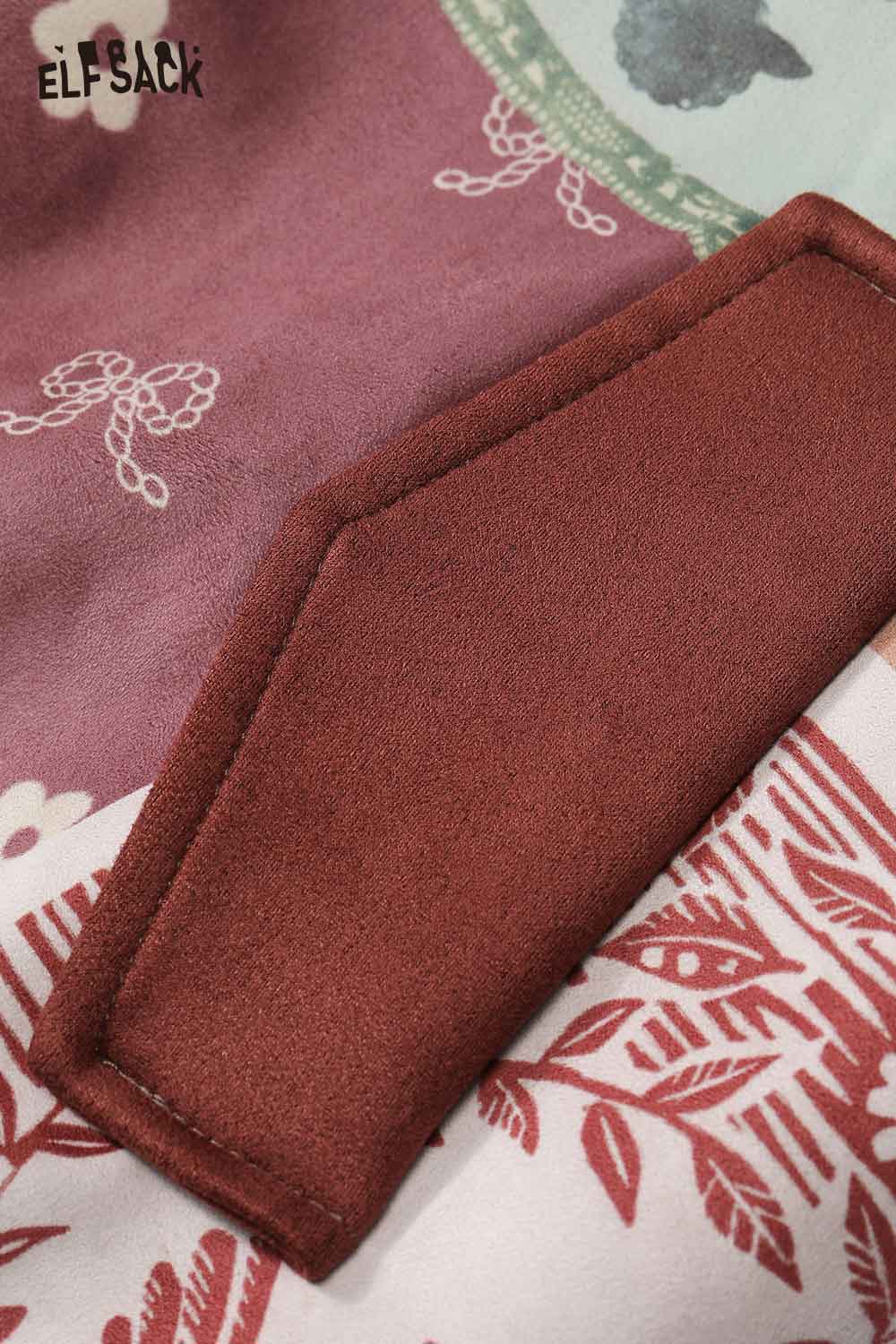 Close-up of the ELFSACK bohemian print puffer jacket showcasing intricate fabric details